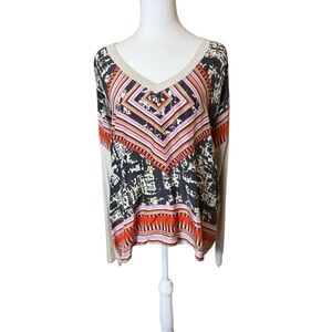 Cabi Boho Southwest Top Medium Silk Mixed Media Kerchief Artsy Bohemian Casual